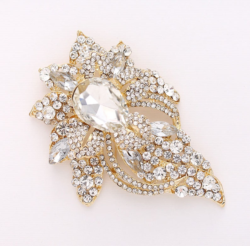 Large Crystal Brooch Dress Pin Sash Broach Gold Rhinestone Etsy