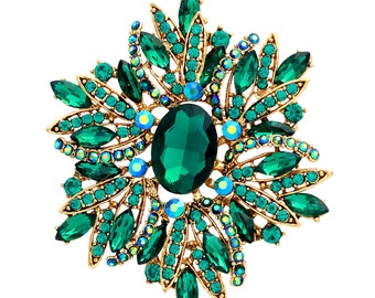 Large Rhinestone Brooch, Emerald Green Brooches Pins Women, Gold Metal Crystal Green Blue 4 inch Brooch Pin, Green Dress Pin Decoration