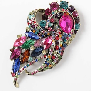 Multi Color Rhinestone Brooch, Art Deco Wedding Brooches, Dress Pin Broach, Colorful Crystal Brooch, Rainbow Broaches Pins Women Accessory