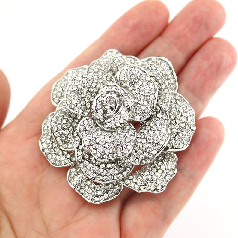 Rose Brooch Rhinestone Silver, Wedding Bridal Brooch, Large Dimensional Brooch Pin, Crystal Peony Flower Brooch, Crystal Rhinestone Broaches image 4