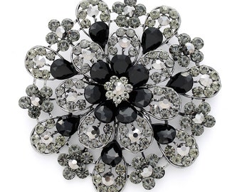 Black Rhinestone Brooch, Large Round Brooch 3.75 inch, Women Dress Pin Sash Decor Accessory, Sratement Black Brooches Pins Fashion