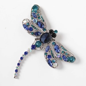 Blue Dragonfly Brooch, Rhinestone Dragonfly Broach, Bridal Something Blue, Blue Bouquet Pins, Crystal Royal Blue Teal Blue Broaches