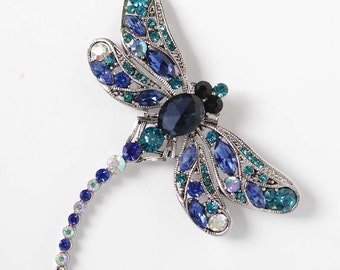 Blue Dragonfly Brooch, Rhinestone Dragonfly Broach, Bridal Something Blue, Blue Bouquet Pins, Crystal Royal Blue Teal Blue Broaches