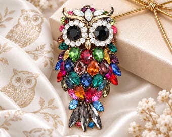 Multicolor Crystal Owl Brooch, Rhinestone Bird Pin, Colorful Animal Jewelry