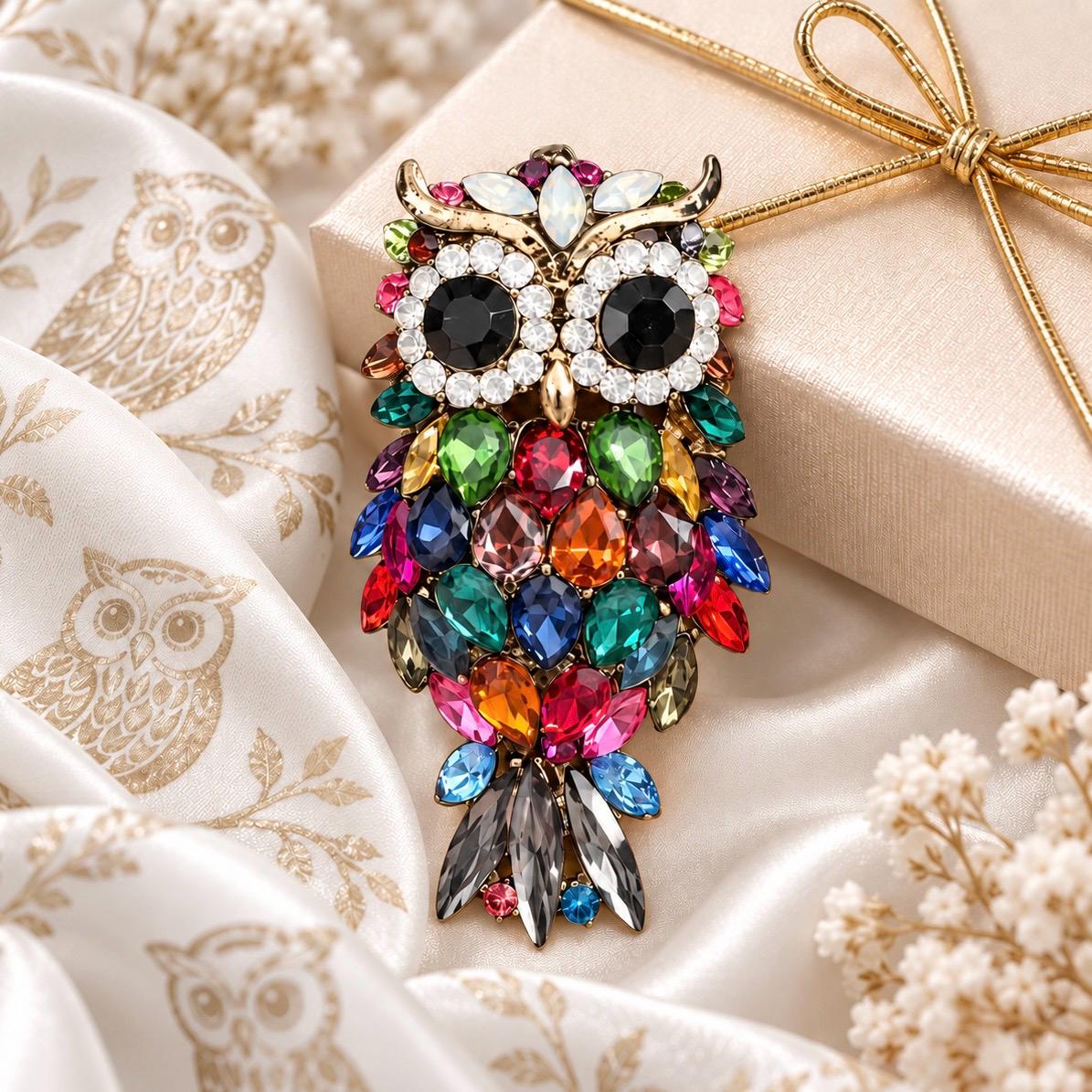 Multicolor Crystal Owl Brooch, Rhinestone Bird Pin, Colorful Animal Jewelry