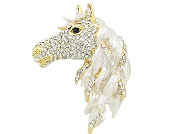 Rhinestone Horse Head Brooch: Gold Tone Crystal Jewelry Pin
