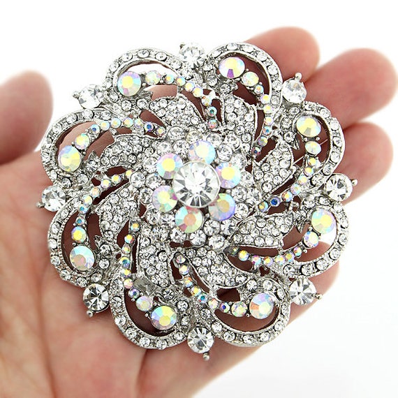 Crystalitzy Large Iridescent Brooch, Crystal Brooches Pins Women, 3 inch Rhinestone Dress Pin, Wedding Brooch Cake Decor, Big Brooches Gift Crafts