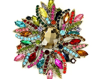 Large Multi Color Rhinestone Brooch, Women Party Dress Pins Decor Accessory, Rainbow Crystals Pin, Extra Large Crystal Multi Color Brooches