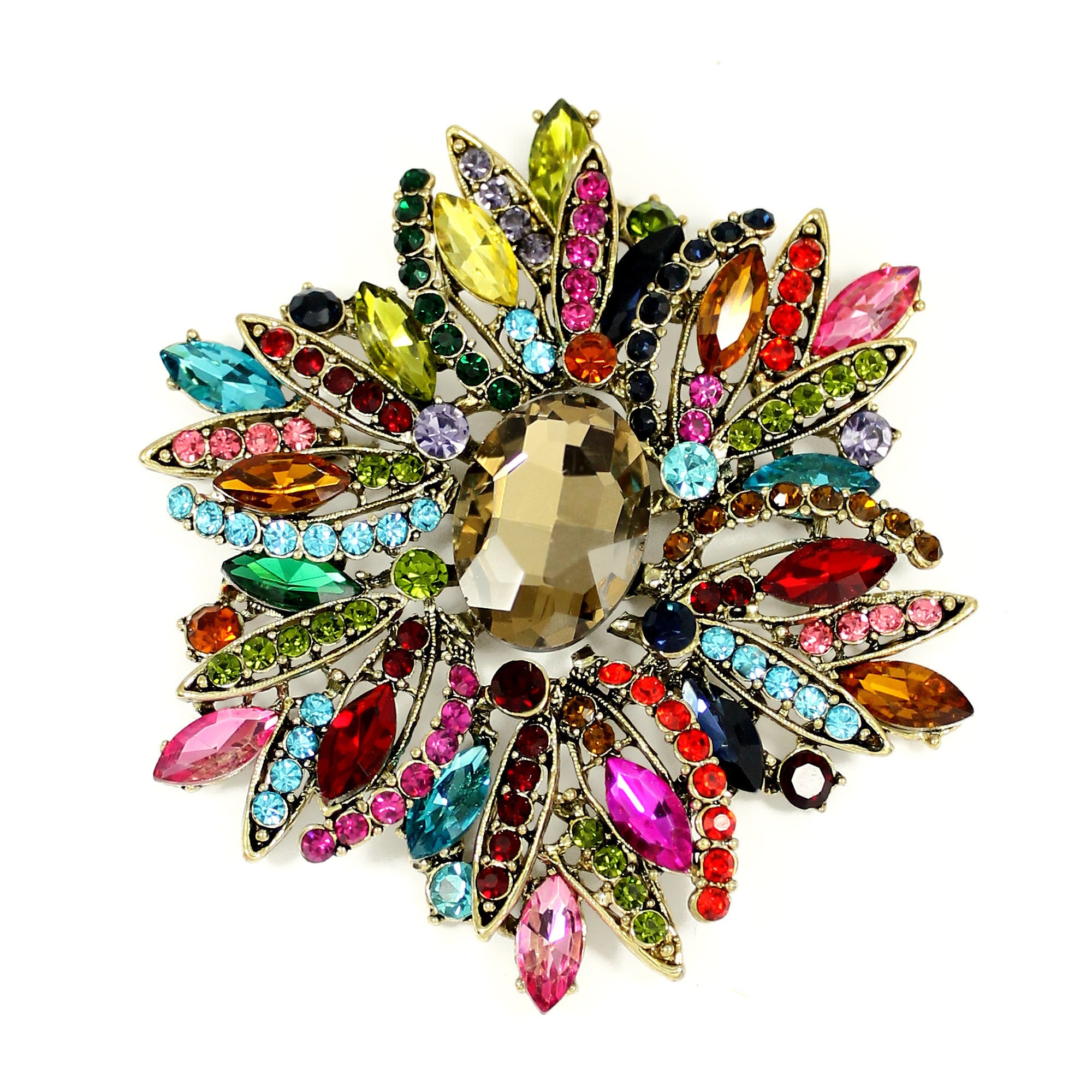 Large Multi Color Rhinestone Brooch Dress Pin Brooch Rainbow Etsy