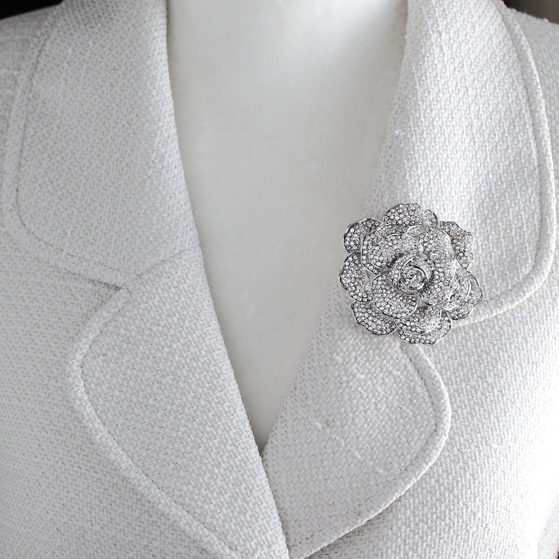 Rose Brooch Rhinestone Silver, Wedding Bridal Brooch, Large Dimensional Brooch Pin, Crystal Peony Flower Brooch, Crystal Rhinestone Broaches image 2