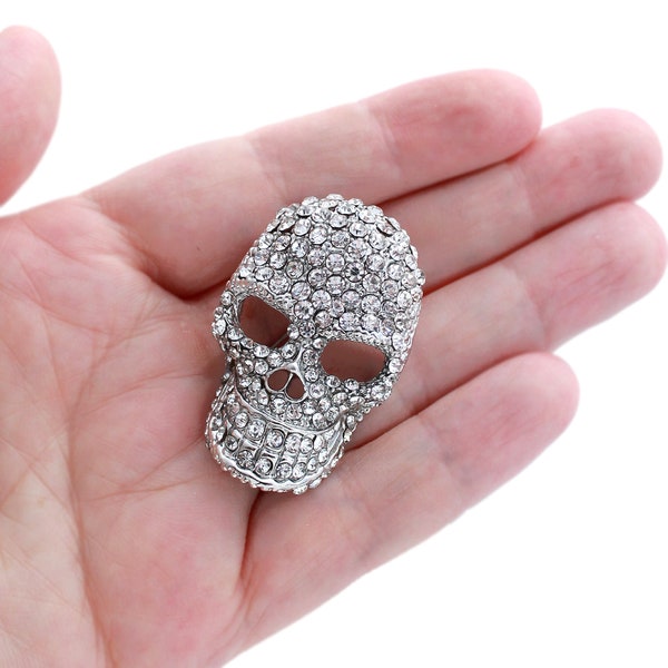 Rhinestone Skull Brooch, Crystal Silver Brooches Pins Women, Goth Halloween Wedding Jewelry Pin,  Sparkling Brooches Crafts Gift