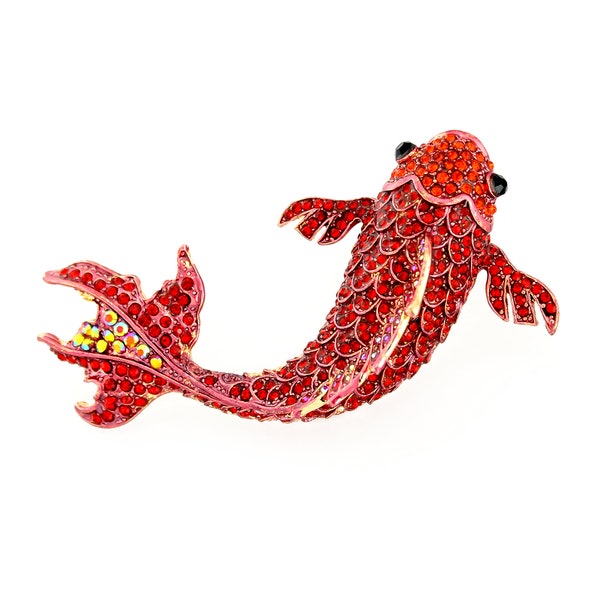 Red Crystal Fish Brooch, Large Rhinestone Koi Brooch, Women Fashion Brooches, Dress Sash Brooch, Carp Fish Lover Jewelry Red Brooches Pins