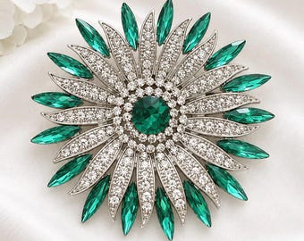 Emerald Green Crystal Brooch, Silver Plated Sunburst Pin, Vintage Style Lapel Dress Jewelry Embellishment