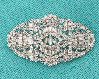 Bridal Sash Brooch Old Hollywood Art Deco Wedding Brooch Dress Clutch Cake Rhinestone Silver Brooch, Crystal Broaches Pins Women