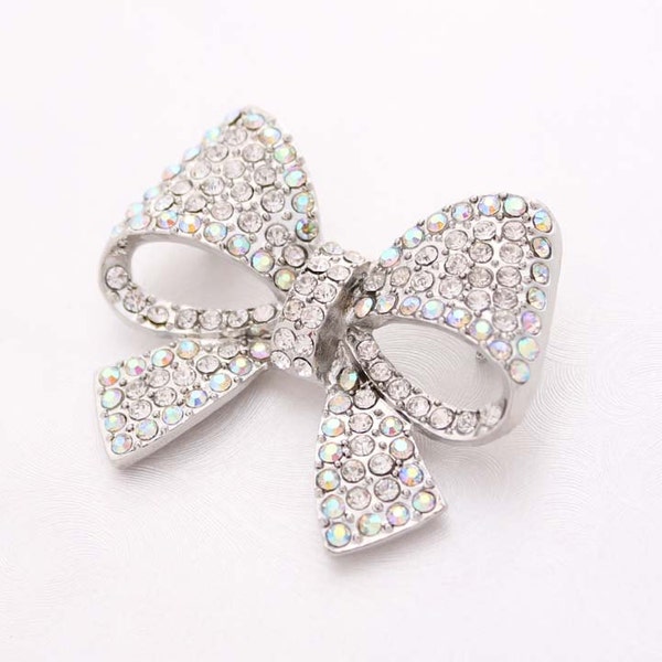 Rhinestone Bow Brooch Wedding Bridal Bouquet Bowknot Broach Gown Sash Hair Comb Cake Decor DIY Crafts Iridescent Bow Knot Broaches