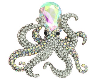 Octopus Brooch, Rhinestone Brooches Pins Women, Iridescent Crystal Brooch, Ocean Animal Brooch, Sea Life Nautical Pin Brooches Gift