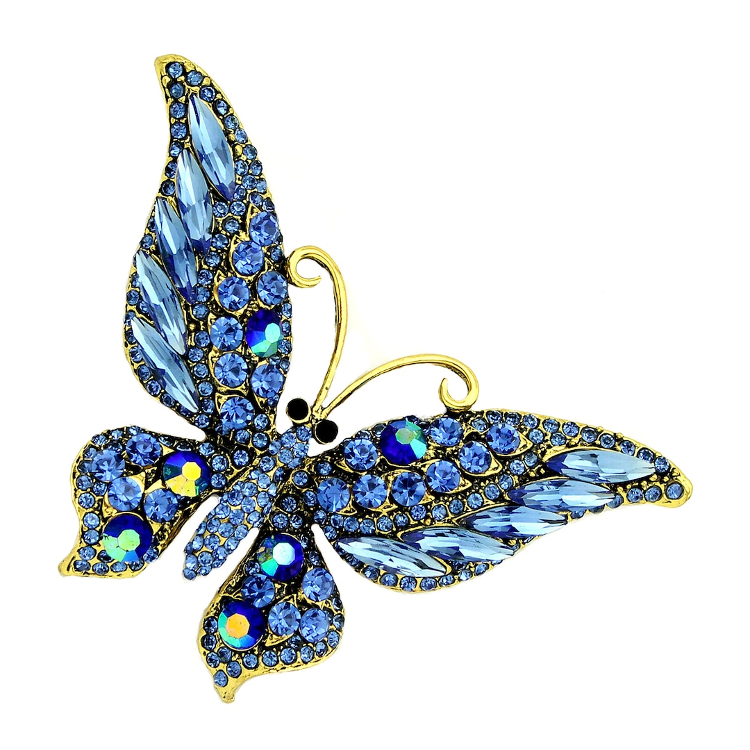 Blue Butterfly Brooch Rhinestone Butterfly Pin Gold Crystal Etsy
