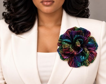 Oversized Multicolor Fabric Flower Brooch, Metallic Striped Applique, Hat Sash Lapel Pin