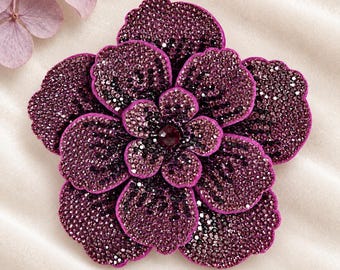 Purple Crystal Flower Brooch, Large Rhinestone Corsage Pin, Blazer Lapel Dress Sash Applique