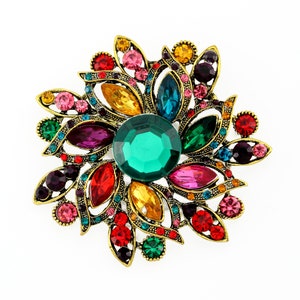 Rainbow Rhinestone Brooch: Multi Color Crystal Dress Pin