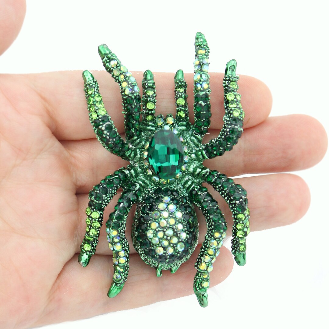 Emerald Green Rhinestone Spider Brooch: Halloween Jewelry - Etsy