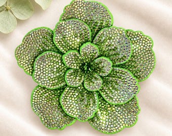 Green Crystal Flower Brooch, Large Rhinestone Corsage Pin, Dress Sash Blazer Lapel Applique