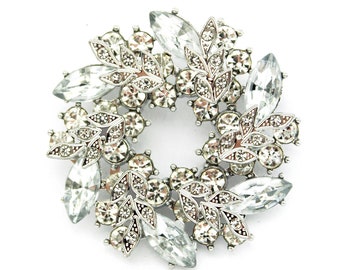Sparkly Rhinestone Wreath Brooch Silver Plated Clear Crystal Pin Clip Wedding Dress Waistline Belt Decoration Accessory Groom Bride Mom Gift