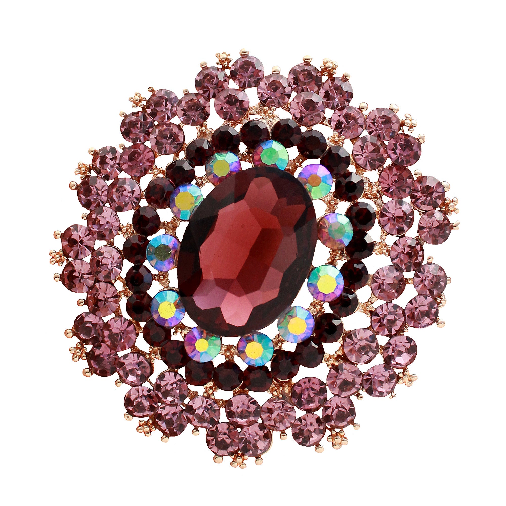 Burgundy Crystal Brooch: Purple Rhinestone Pin, Gold Plated