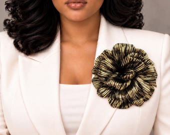 Oversized Metallic Gold Flower Brooch, Black Striped Fabric Applique, Blazer Dress Sash Pin
