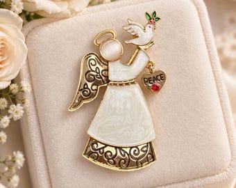 Christmas Angel Brooch with Dove, Peace Heart Pin, Gold Tone Enamel Jewelry