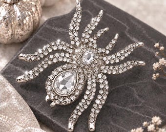 Silver Crystal Spider Brooch, Rhinestone Halloween Lapel Pin, Gothic Bridal Jewelry