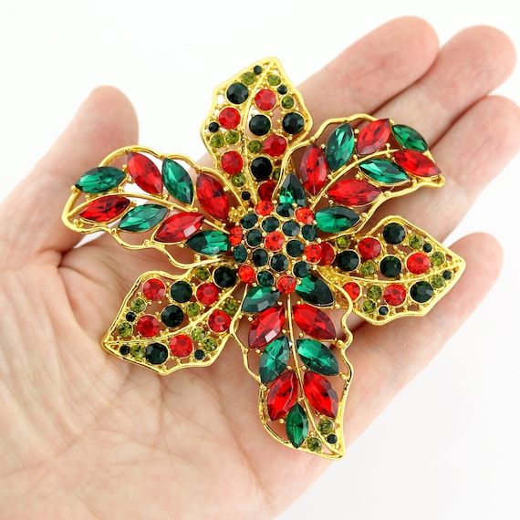 Crystal Flower Brooch, Large Brooches Pins, Red and Green Rhinestone Flower  Brooch, Party Dress Pin, 3 Inch Big Brooch, Christmas Crafts 