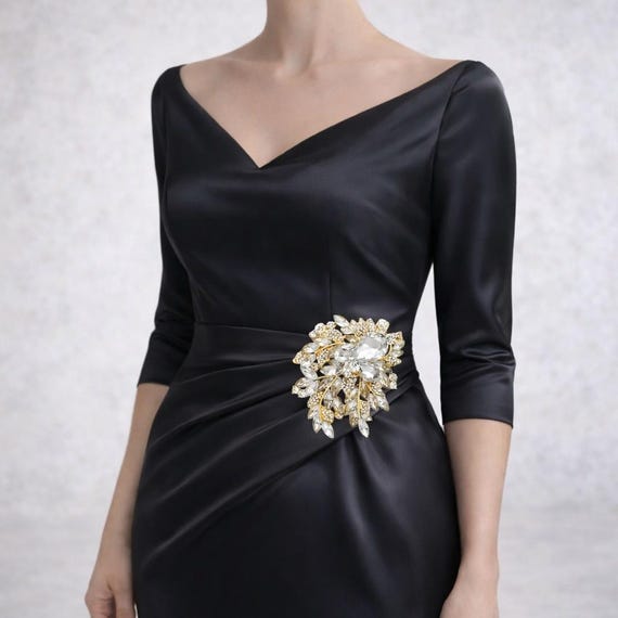 large gold brooch for dress Large Crystal Rhinestone Brooch: Gold Plated Dress Sash Decor