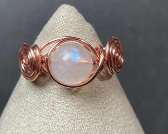 Witchy Moonstone Spiral Ring | Wire Wrapped Copper| Boho Fairycore Jewelry | Artisan Statement Ring