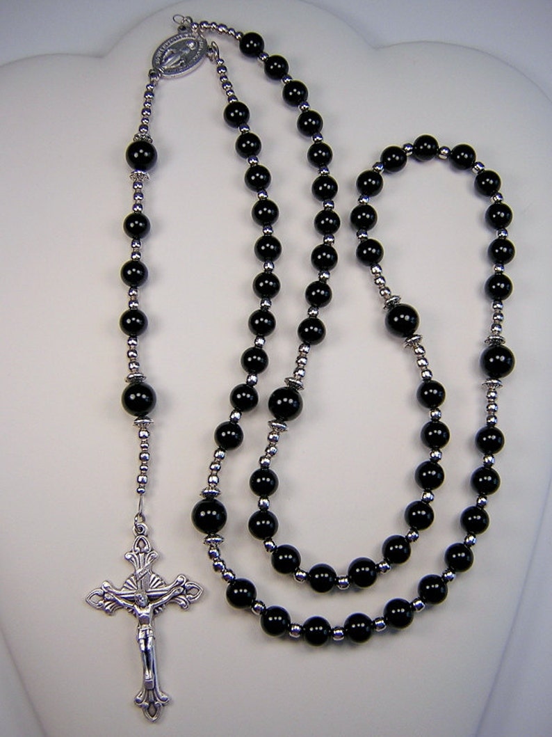 Mens Black Rosary Catholic Necklace Gemstone 24 Inch Genuine Etsy