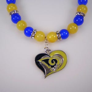 Los Angeles Football Bracelet Rams Genuine Blue & Yellow Jade Gemstone Beads Rondell Rhinestone Silver Clasp  Free shipping