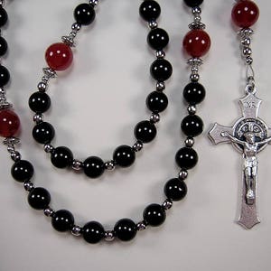 Mens Firefighters Thin Red Line Rosary Black Onyx & Red Jade Gemstones 21 1/2&quot; St Florian Masculino Collar Rosario Free shipping USA