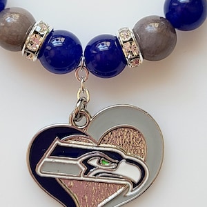 Seattle Football Bracelet Seahawks Blue Green & Gray Jade Gemstone Beads Rondell Rhinestone Silver Clasp Free shipping