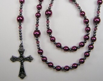 Rosario de perlas de cristal checo amatista: cuentas de oración católicas de color negro plomo
