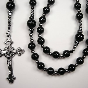 Mens Black Onyx Rosary Catholic XLong 24 1/2 inch Necklace BLACK Onyx Beads Gunmetal Masculino Collar Rosario Free Shipping USA