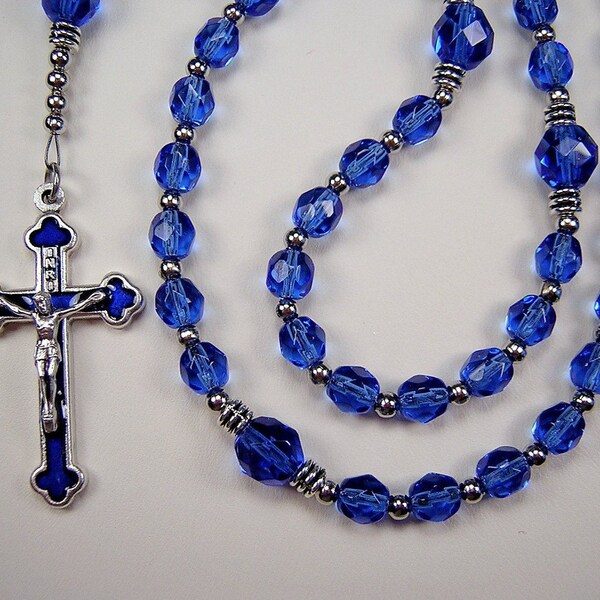 Boys Blue Rosary Catholic 16" Sapphire Blue Czech Glass Beads el nino Rosario Free Shipping USA