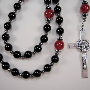 Mens Firefighters Thin Red Line Rosary BLACK Onyx & Red Jade Gemstones 20&quot; St Florian Masculino Collar Rosario Free shipping USA