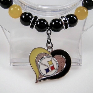 Pittsburgh Football Bracelet Steelers Gold Jade & Black Onyx Beads Rondell Black Rhinestone Gunmetal Clasp