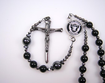 LAS VEGAS FOOTBALL Rosary Raiders Black Onyx and Dark Silver Hematite Gemstone Beads 2" Gunmetal Nail Crucifix Free shipping