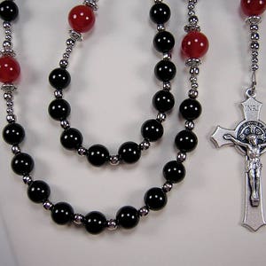 Mens Firefighters Thin Red Line Rosary Black Onyx & Red Jade Gemstones 24 1/2&quot; St Florian Masculino Collar Rosario Free shipping USA
