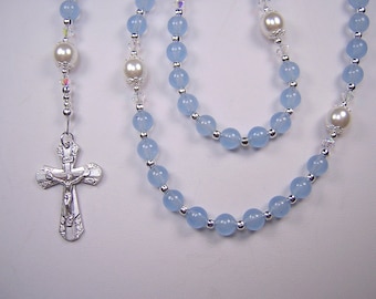 Girls Blue Jade 16 1/4&quot; Rosary Catholic Genuine Sky Blue Jade & White Czech Pearl Beads Chica Católico Rosario Free Shipping USA