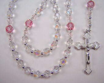 Girls Crystal AB and Crystal Pink Rose Rosary Catholic 17&quot; Czech Glass Beads Rosa Chica Rosario Free Shipping USA