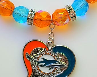 Miami voetbalarmband dolfijnen zonoranje en aqua Tsjechische glaskralen Rondell strass helderzilveren sluiting GRATIS verzending VS