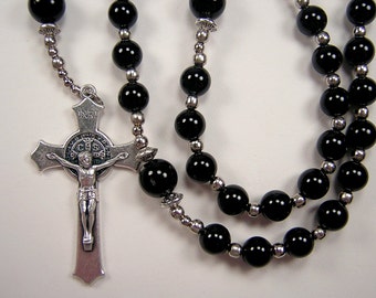 Men's Black Onyx Rosary: Silver Oxidized St. Benedict Crucifix, 23 inch