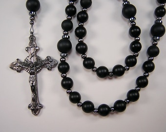 Mens Matte BLACK Rosary Catholic 20" Genuine Brazilian Matte Black Onyx Gemstone Beads Gunmetal Masculino Rosario Free Shipping USA